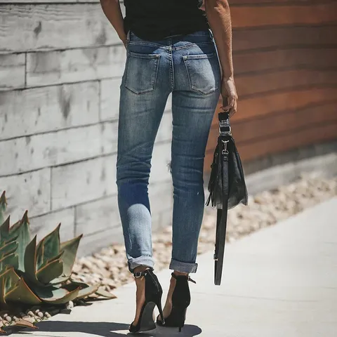 Dames Casual Hoge Taille Stretch Distressed Gescheurde Skinny Jeans Knoopgulp Omgeslagen Zoom Streetwear Denim Lange Broek