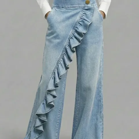 Women's Vintage Mid Waist Wide Leg Denim Pants Casual Irregular Ruffle Patchwork Long Jeans Female Fashion Trousers