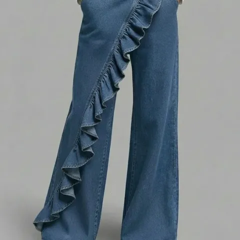 Women's Vintage Mid Waist Wide Leg Denim Pants Casual Irregular Ruffle Patchwork Long Jeans Female Fashion Trousers