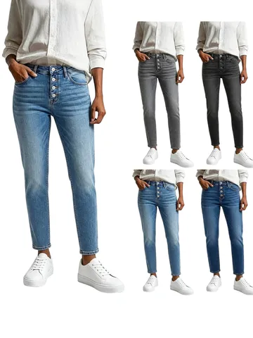 Women's Vintage High Waist Straight Leg Denim Jeans Button Fly Washed Casual Long Pants