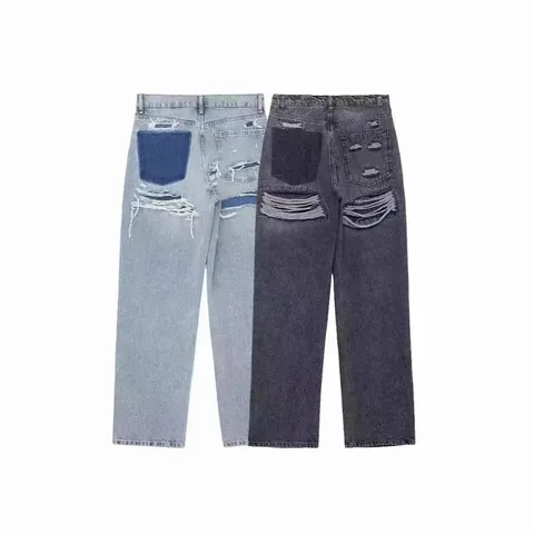 Women's Casual Loose Fit Denim Pants High Waist Distressed Patchwork Straight Leg Long Jeans Plus Size Streetwear