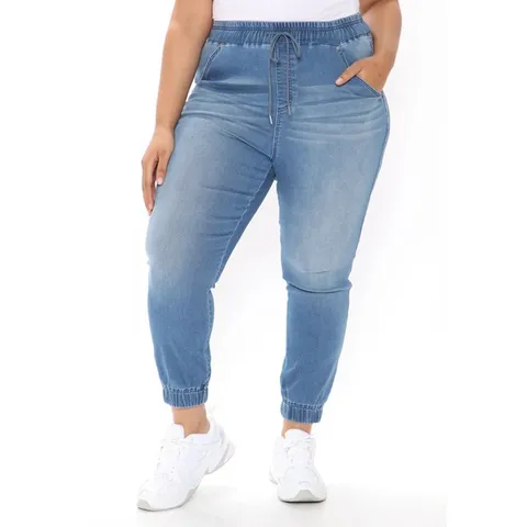 Dames Hoge Taille Gewassen Denim Harem Jogger Broek Casual Losse Enkelbrede Broek