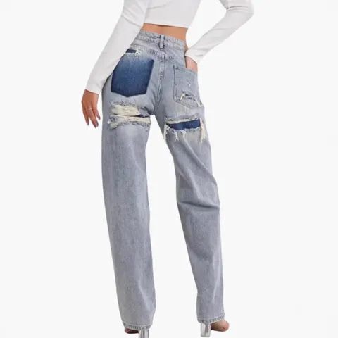Women's Casual Loose Fit Denim Pants High Waist Distressed Patchwork Straight Leg Long Jeans Plus Size Streetwear