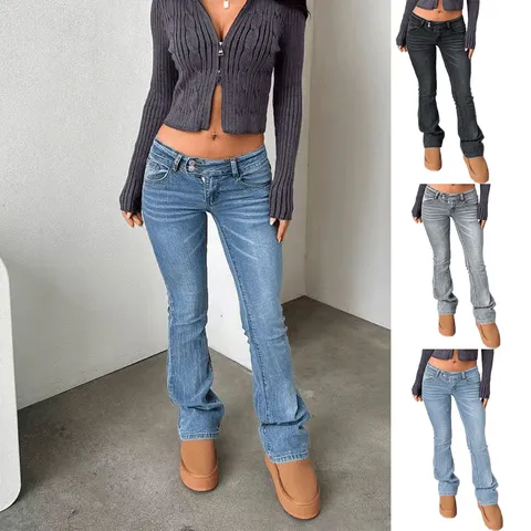 Women's Fashion Low Waist Flare Jeans Slim Fit Washed Distressed Denim Trousers For Women