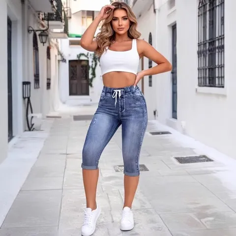 Women's High Waist Ripped Denim Capri Pants Elastic Drawstring Slim Fit Cropped Jeans Casual Streetwear