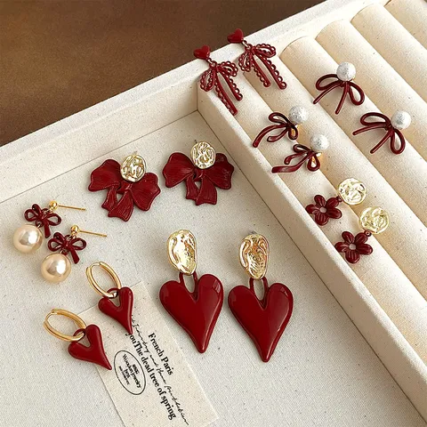 Vintage Weinrot Schleife Herz Blume Hängeohrringe Für Damen Elegant Kupfer Künstliche Perle Emaille Glasur Ohrstecker Schmuck Geschenk