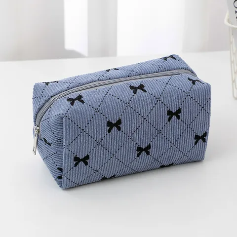 Corduroy Cosmetic Bag Large Capacity Makeup Pouch Bowknot Quilted Travel Storage Bag Cute Toiletry Organizer For Women