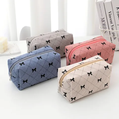 Corduroy Cosmetic Bag Large Capacity Makeup Pouch Bowknot Quilted Travel Storage Bag Cute Toiletry Organizer For Women
