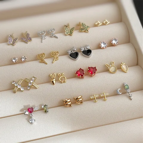 Mini 14K Gold Vergoldet Zirkonia Ohrstecker Für Damen Mode Kleine Blume Herz Schmetterling Tier Geometrische Ohrringe Schmuck