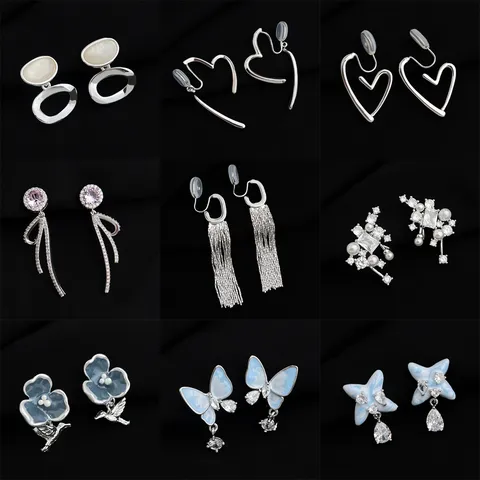 Copper Rhinestone Artificial Pearl Ear Clips For Non-Pierced Ears Fashion Simple Heart Bird Butterfly Saturn Earring Jewelry For Women