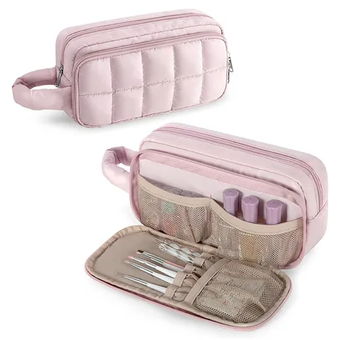 Quilted Travel Toiletry Bag Waterproof Lightweight Cosmetic Pouch Portable Makeup Organizer With Handle For Women