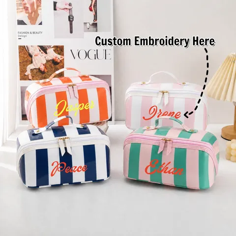 Large Capacity Waterproof PVC Cosmetic Bag Color Block Striped Travel Toiletry Pouch Portable Makeup Storage Bag For Women