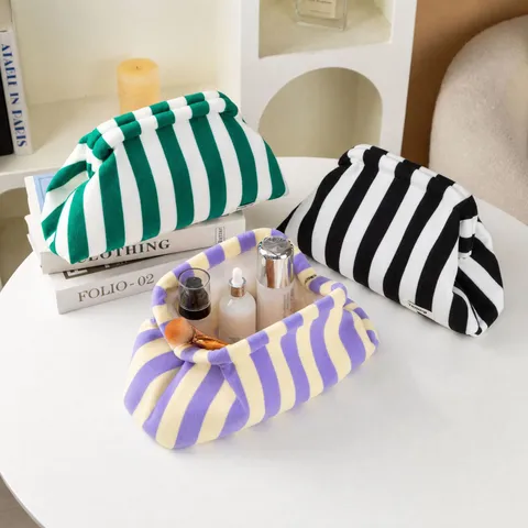 Trendy Color Block Striped Cloud Cosmetic Bag Women Large Capacity Soft Fabric Toiletry Organizer Handheld Clutch Pouch