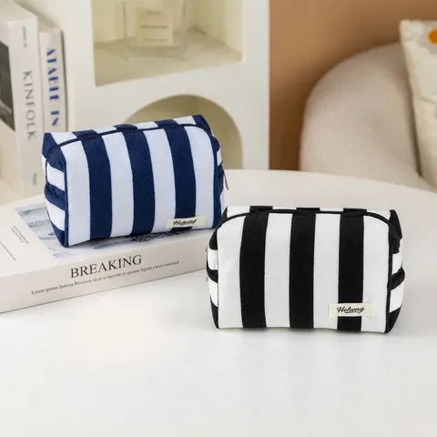 Borsa Cosmetica Portatile in Spugna A Righe Borsa da Viaggio Cerniera Organizer per Trucco per Donne e Uomini