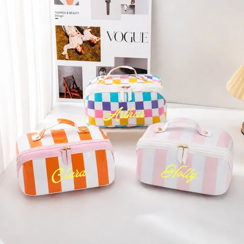 Large Capacity Waterproof PVC Cosmetic Bag Color Block Striped Travel Toiletry Pouch Portable Makeup Storage Bag For Women