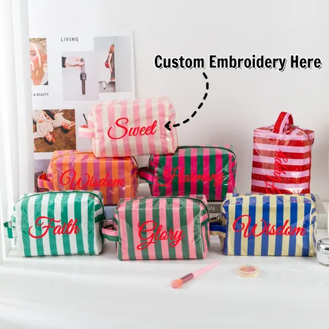 Waterdichte PVC Kosmetische Tas Gestreepte Reizen Toiletetas Draagbare Rits Make-up Opbergtas Voor Vrouwen
