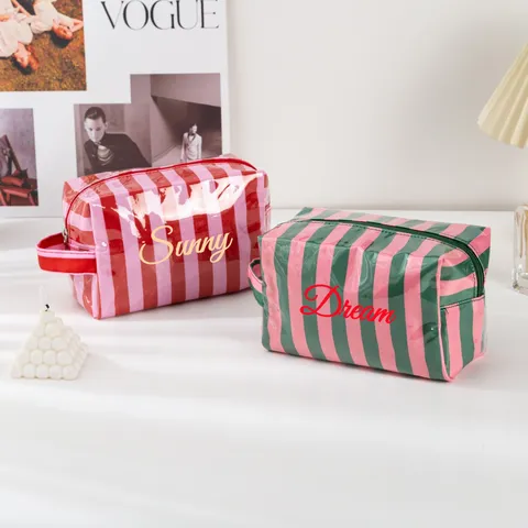 Waterdichte PVC Kosmetische Tas Gestreepte Reizen Toiletetas Draagbare Rits Make-up Opbergtas Voor Vrouwen