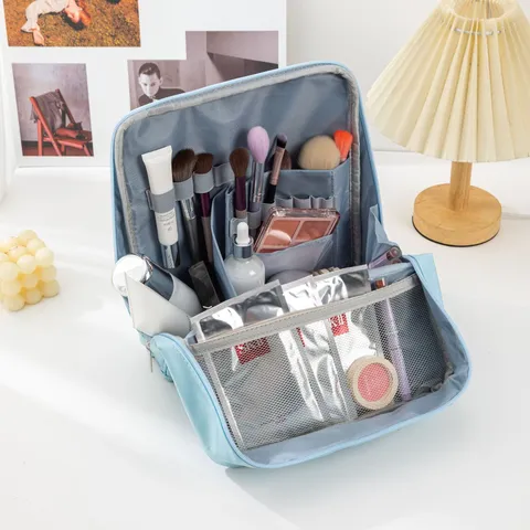 Large Capacity Portable Cosmetic Bag Waterproof Leather Makeup Organizer Standing Toiletry Bag For Travel