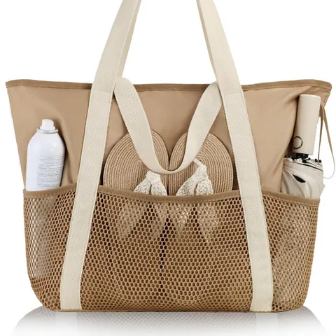 Large Capacity Mesh Beach Tote Bag Waterproof Hollow Out Shoulder Bag Casual Summer Vacation Travel Handbag For Women