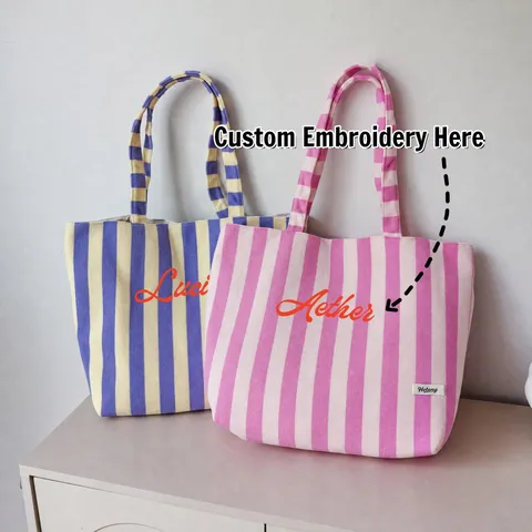 Casual Canvas Tote Bag For Women Large Capacity Striped Shoulder Bag Simple Fashion Handbag Travel Shopping Bag