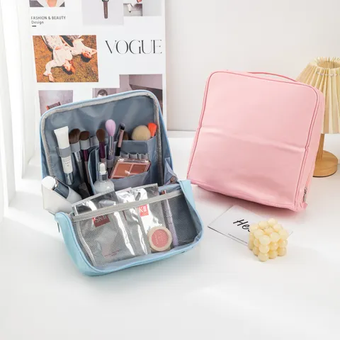 Large Capacity Portable Cosmetic Bag Waterproof Leather Makeup Organizer Standing Toiletry Bag For Travel