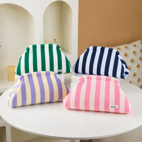 Trendy Color Block Striped Cloud Cosmetic Bag Women Large Capacity Soft Fabric Toiletry Organizer Handheld Clutch Pouch