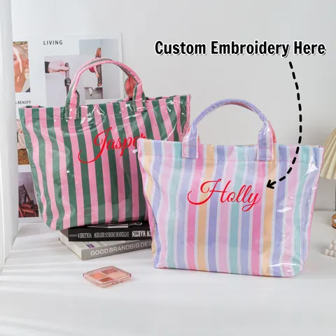 PVC Waterproof Large Capacity Tote Bag Transparent Contrast Color Stripe Leopard Handbag Summer Beach Vacation Bag