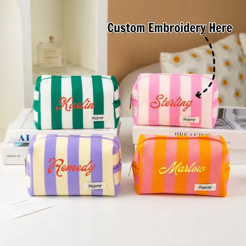 Borsa Cosmetica Portatile in Spugna A Righe Borsa da Viaggio Cerniera Organizer per Trucco per Donne e Uomini