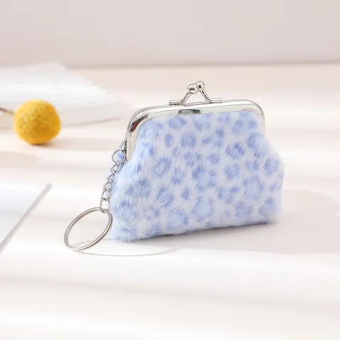 Leopard Plush Coin Purse Mini Wallet With Metal Kiss Lock And Keychain Chain Small Earphone Storage Bag For Women