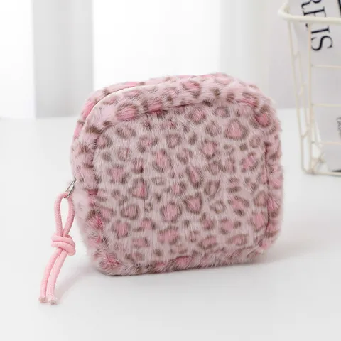 Plush Leopard Print Coin Purse Cute Cartoon Women Makeup Bag Soft Fluffy Zipper Mini Storage Bag Daily Wallet Pouch