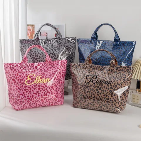 PVC Waterproof Large Capacity Tote Bag Transparent Contrast Color Stripe Leopard Handbag Summer Beach Vacation Bag