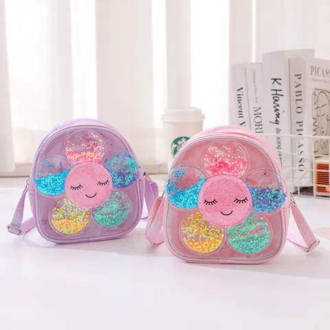 Kids Cute Transparent PVC Crossbody Bag Glitter Sequins Sunflower Princess Shoulder Bag Girls Daily Casual Handbag