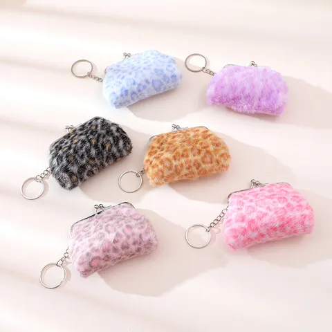 Leopard Plush Coin Purse Mini Wallet With Metal Kiss Lock And Keychain Chain Small Earphone Storage Bag For Women