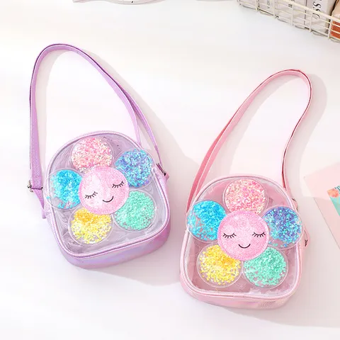 Kids Cute Transparent PVC Crossbody Bag Glitter Sequins Sunflower Princess Shoulder Bag Girls Daily Casual Handbag