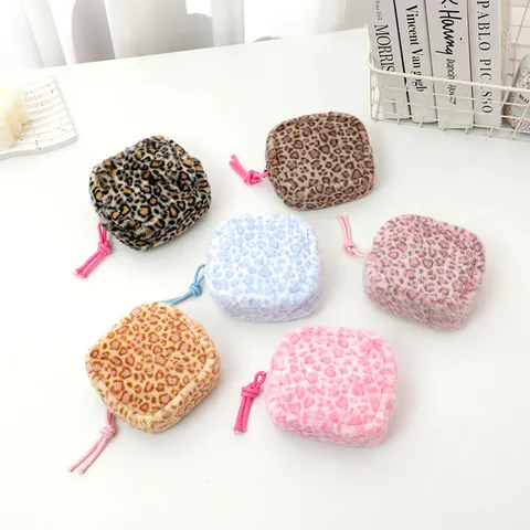 Plush Leopard Print Coin Purse Cute Cartoon Women Makeup Bag Soft Fluffy Zipper Mini Storage Bag Daily Wallet Pouch