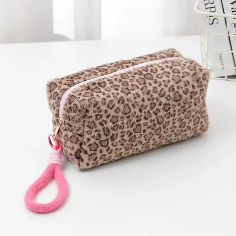 Plush Leopard Print Makeup Bag Cute Fluffy Cosmetic Pouch Large Capacity Portable Travel Toiletry Organizer Handbag