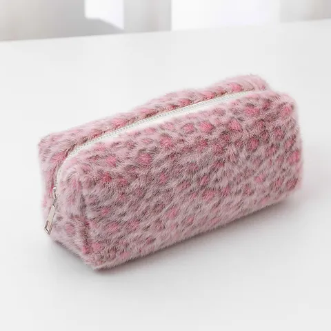 Plush Leopard Print Pencil Case Cosmetic Storage Bag Portable Travel Toiletry Bag Soft Fluffy Makeup Organizer Bag