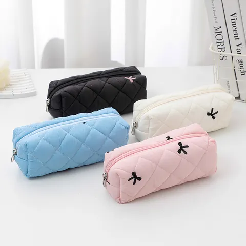 Korean Quilted Bowknot Cosmetic Bag Ins Portable Pencil Case Cute Handbag Niche Design Polyester Storage Pouch