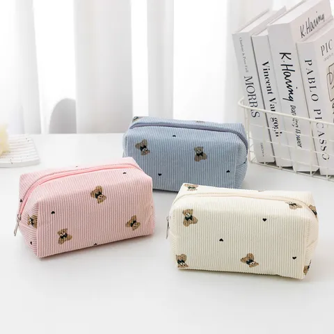 Corduroy Cosmetic Bag Cute Bear Bow Embroidery Portable Large Capacity Travel Makeup Pouch Toiletry Organizer Bag