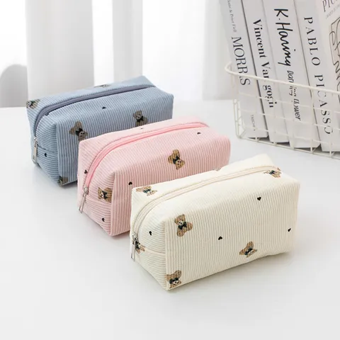 Corduroy Cosmetic Bag Cute Bear Bow Embroidery Portable Large Capacity Travel Makeup Pouch Toiletry Organizer Bag