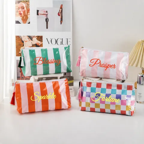 Portable Waterproof PVC Cosmetic Bag Stripe And Plaid Travel Makeup Pouch Multifunctional Storage Organizer With Tassel