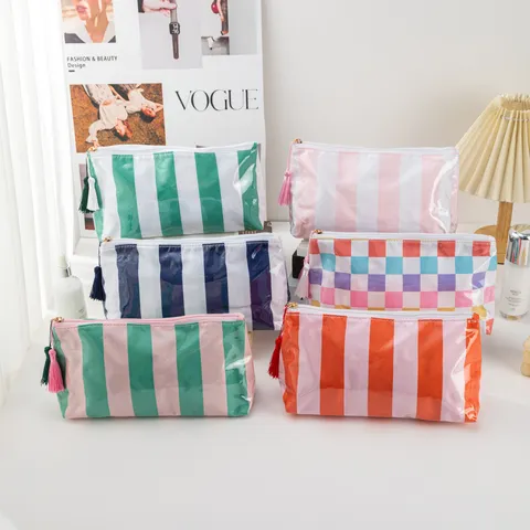 Portable Waterproof PVC Cosmetic Bag Stripe And Plaid Travel Makeup Pouch Multifunctional Storage Organizer With Tassel
