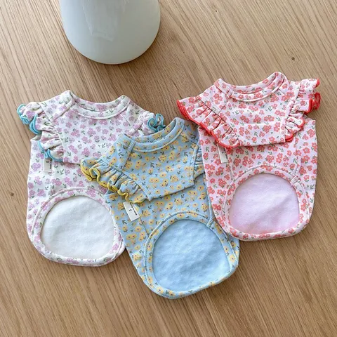 Spring Summer Dog Floral Fly Sleeve Vest Cute Bow Cat Clothes Small Dog Apparel Breathable Pet Tank Top