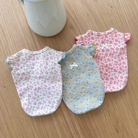 Spring Summer Dog Floral Fly Sleeve Vest Cute Bow Cat Clothes Small Dog Apparel Breathable Pet Tank Top