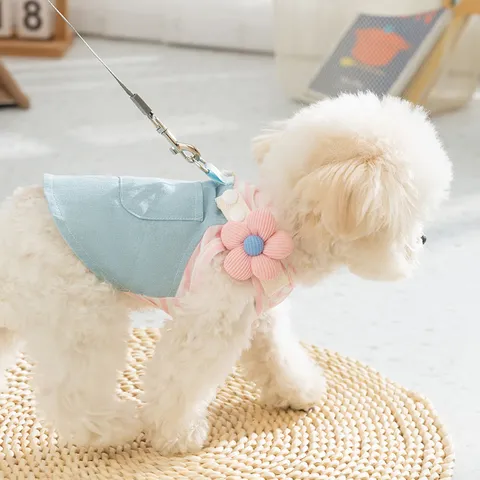 Cute Pet Dog Princess Style Striped Denim Traction Vest Dress Cat Summer Clothes Breathable Pet Apparel