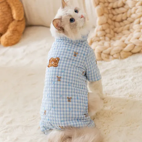 Pet Winter Warm Four-Legged Cotton Clothes Cute Plaid Bear Pattern Fleece Lined Dog And Cat Apparel Hooded Coat