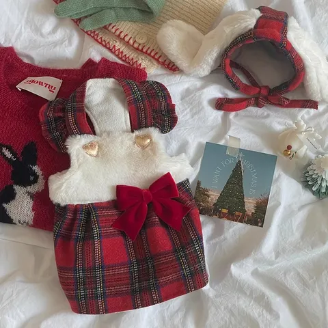 Weihnachten Haustier Hund Katze Kleid Kariert Süß Warm Fleece Weste Rock Mit Hasenohren Hut Festliche Feiertagsbekleidung