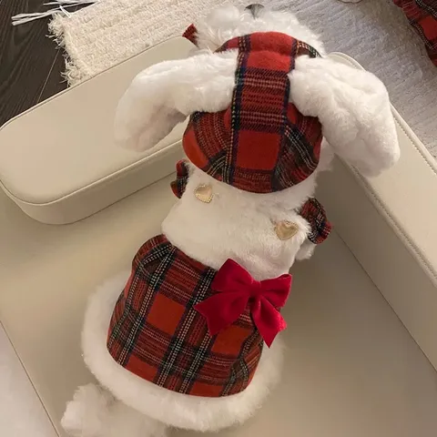 Weihnachten Haustier Hund Katze Kleid Kariert Süß Warm Fleece Weste Rock Mit Hasenohren Hut Festliche Feiertagsbekleidung