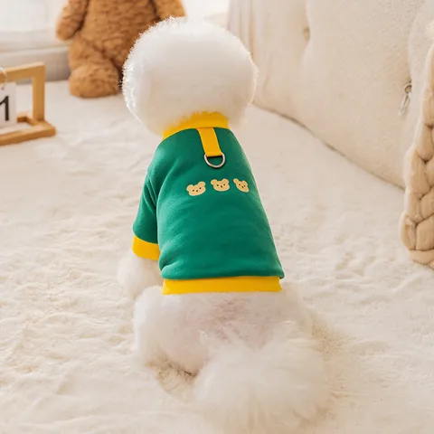Cute Cartoon Bear Printed Pet Hoodie Warm Fleece Dog Sweatshirt With D-Ring Leash Attachment For Cats Small Dogs