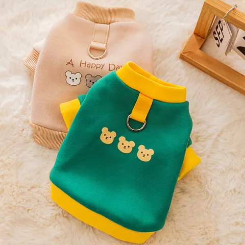 Cute Cartoon Bear Printed Pet Hoodie Warm Fleece Dog Sweatshirt With D-Ring Leash Attachment For Cats Small Dogs